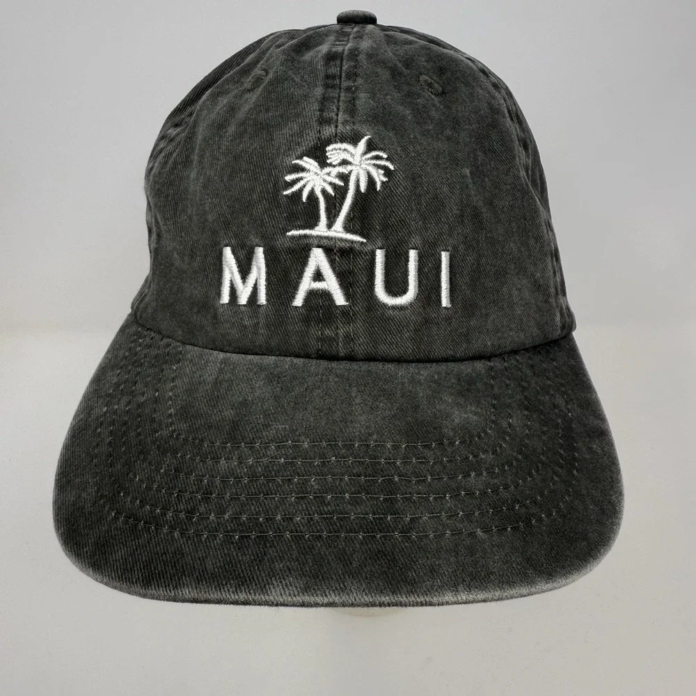 Maui Hawaii Hat Cap Embroidered Palm Tree Graphic Adjustable Strap Back Black‎